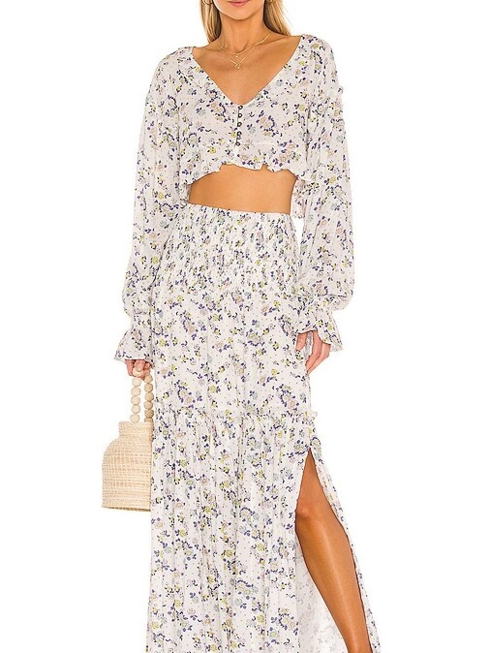 Free People White Maxi Dress Set with Purple Floral Print